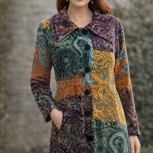 Pyramid Collection Multicolor Paisley Cotton Velvet Size 14 Coat With Pockets